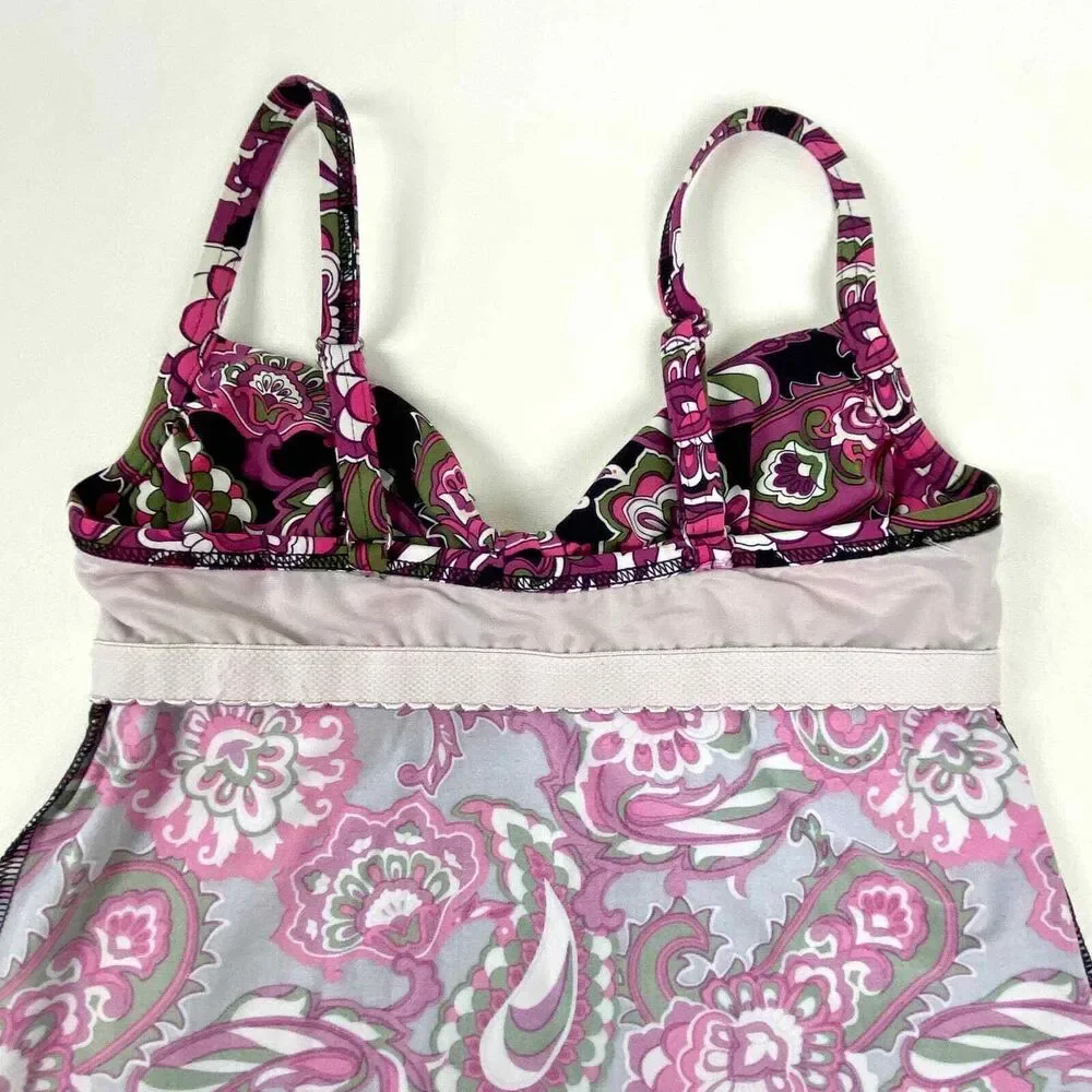 Land's End Tankini Swim Suit Top Ruched Underwire Bodice Paisley Sz 2 Top Only